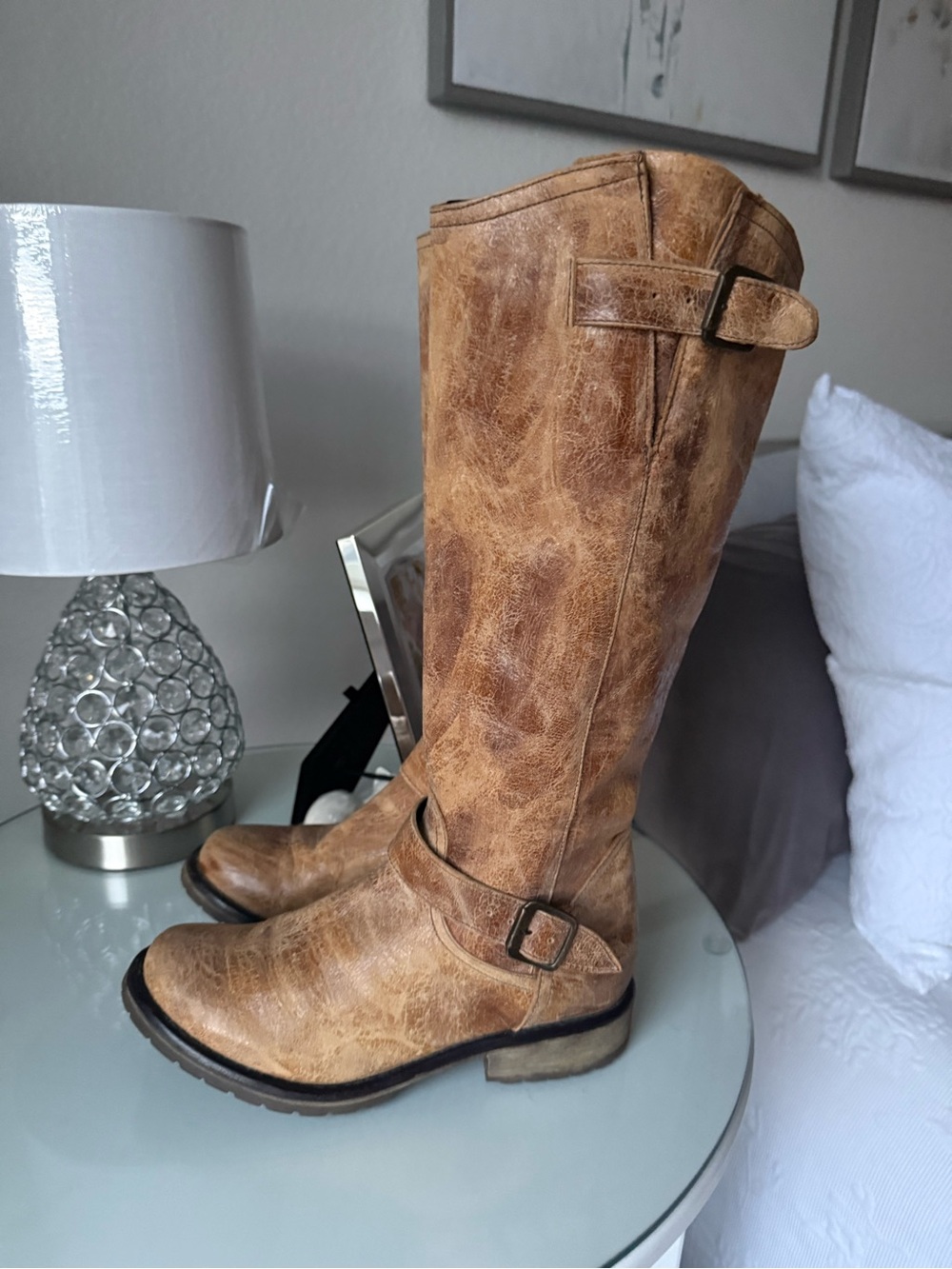 Steve Madden Tan Distressed Leather Knee-High Riding Boots
